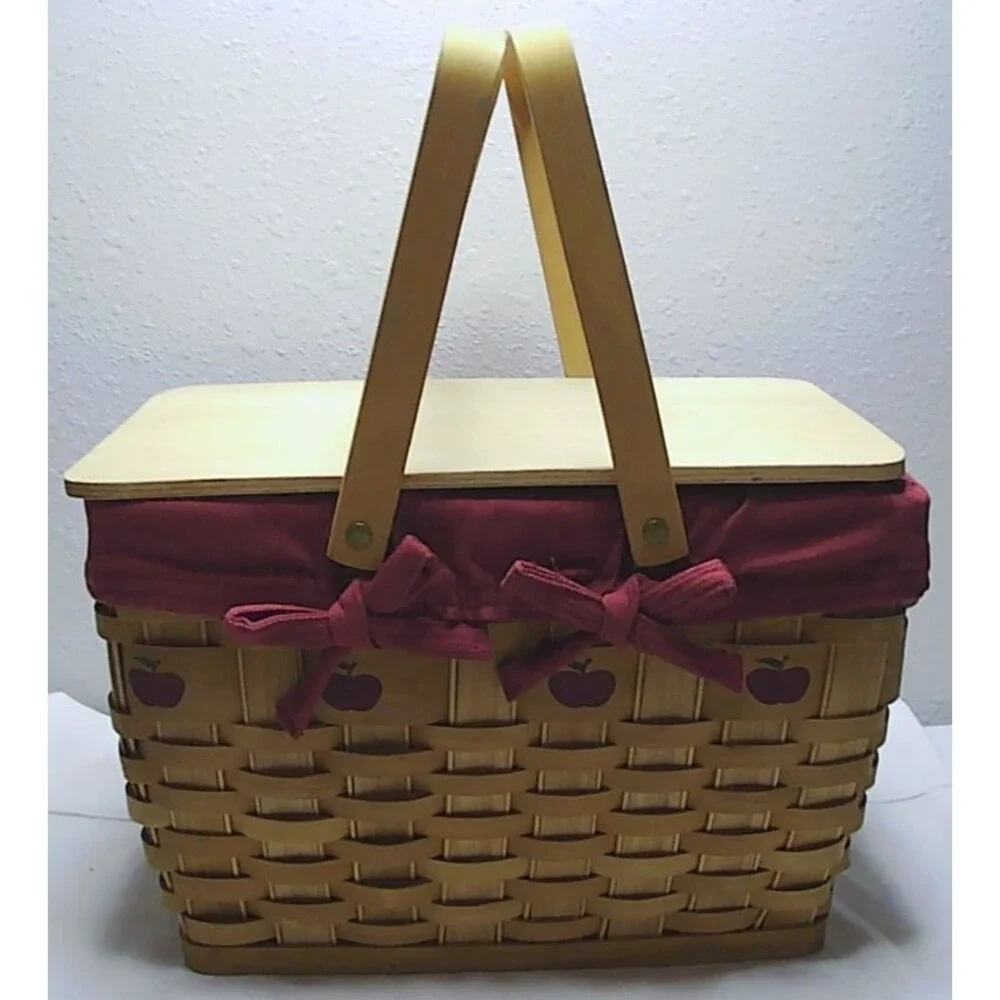 Vintage Longaberger Basket w/Apple Motif Lid, Handles, Fabric Liner 12x8x8.5